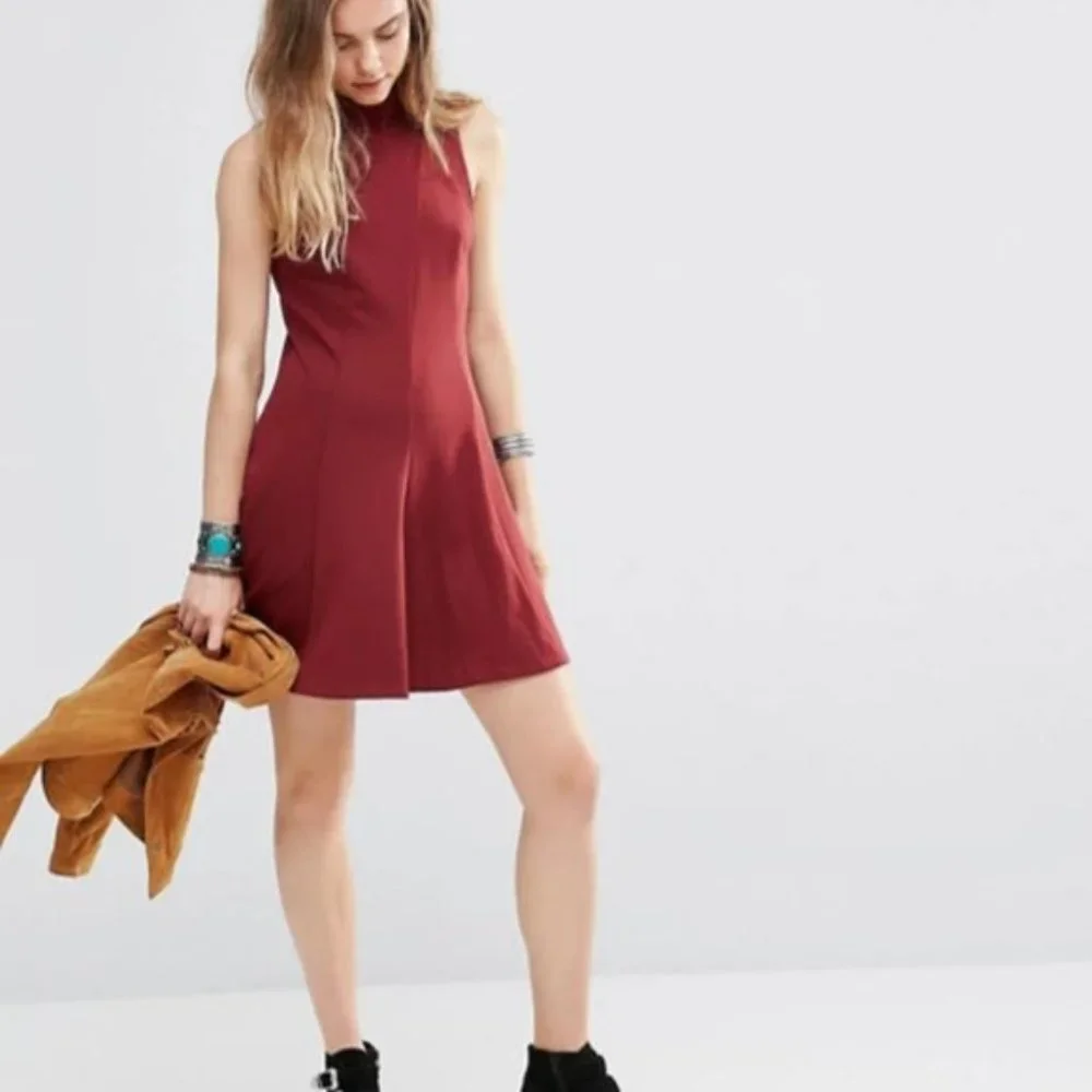 FREE PEOPLE Layla Red Sleeveless Knit Mini Skater POCKET Fit & Flare Dress EUC L